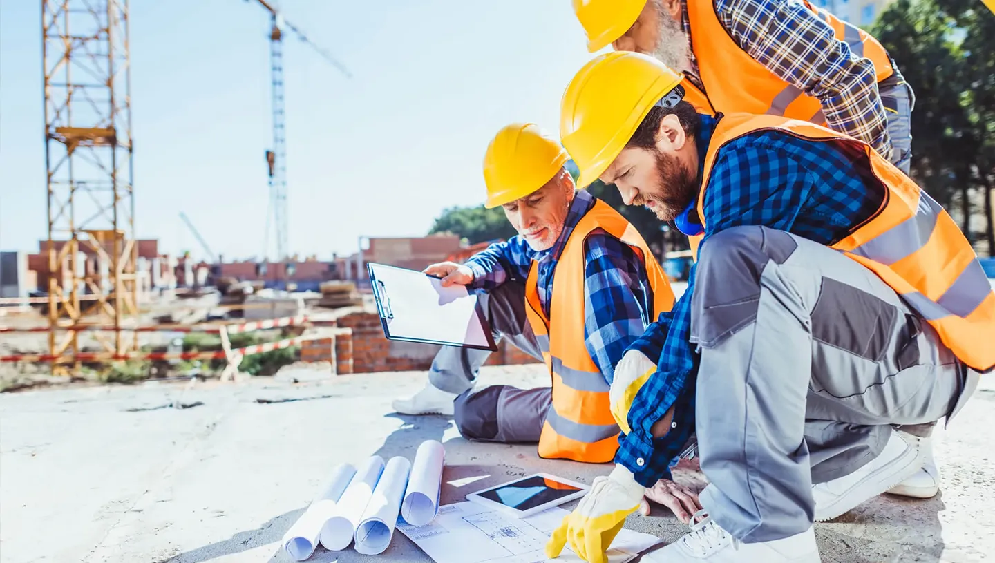 Construction workers reviewing retail building permits at site with blueprints